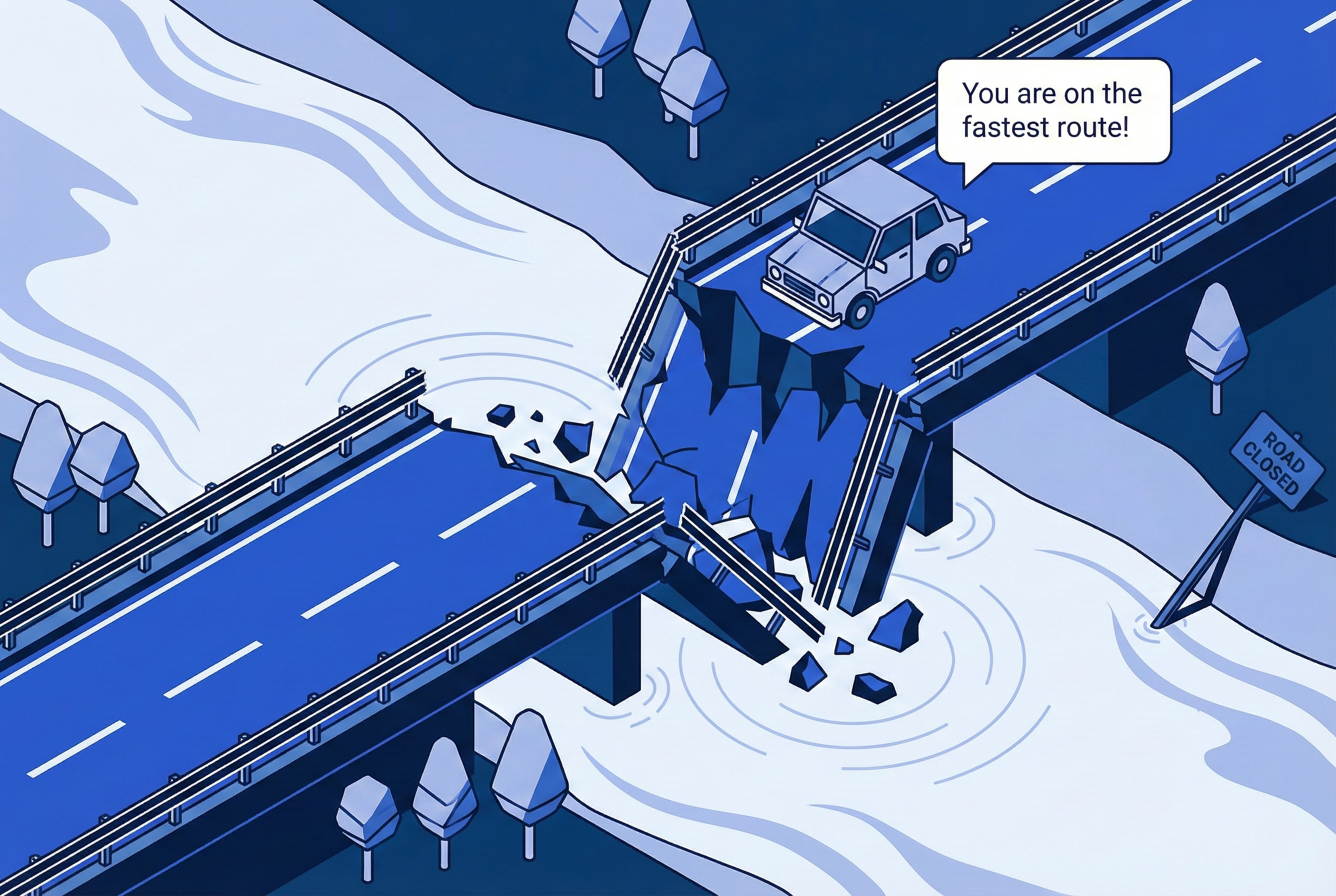 Isometric illustration of a car approaching a collapsed bridge while GPS says 'You are on the fastest route'