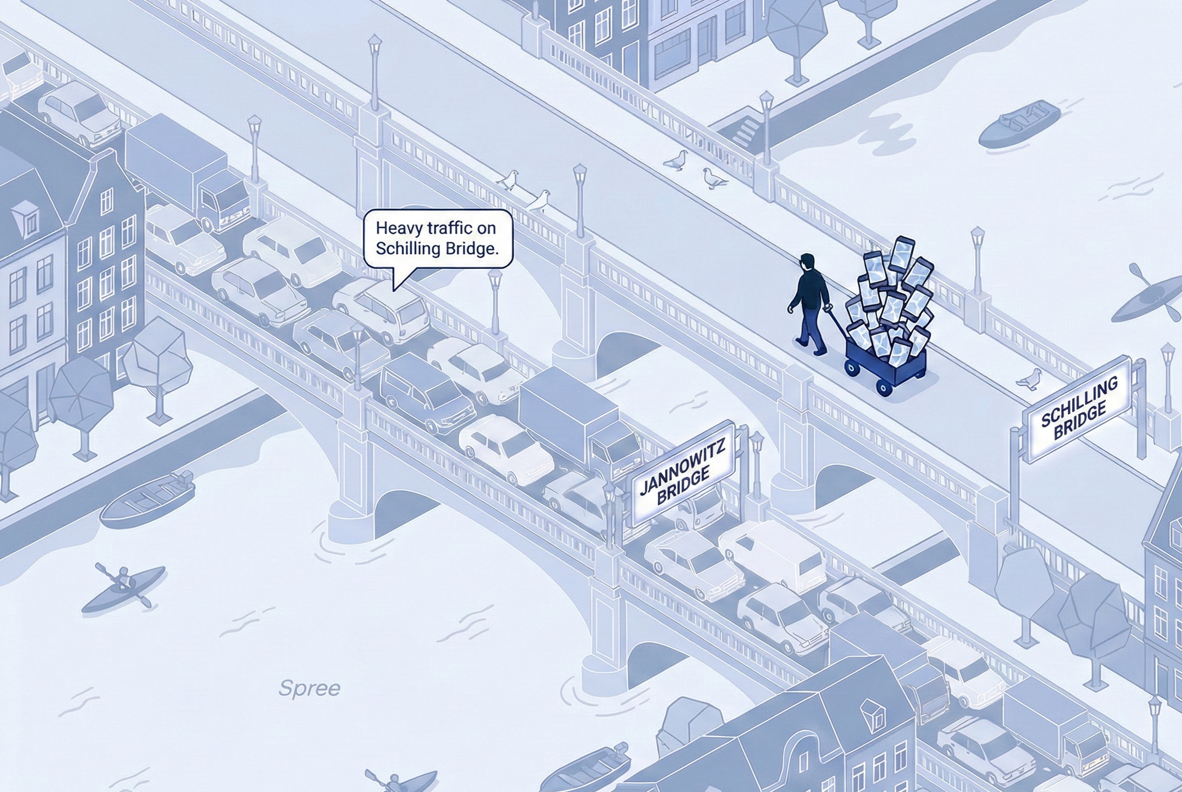 Isometric illustration of artist pulling wagon of smartphones across a bridge, creating virtual traffic jam