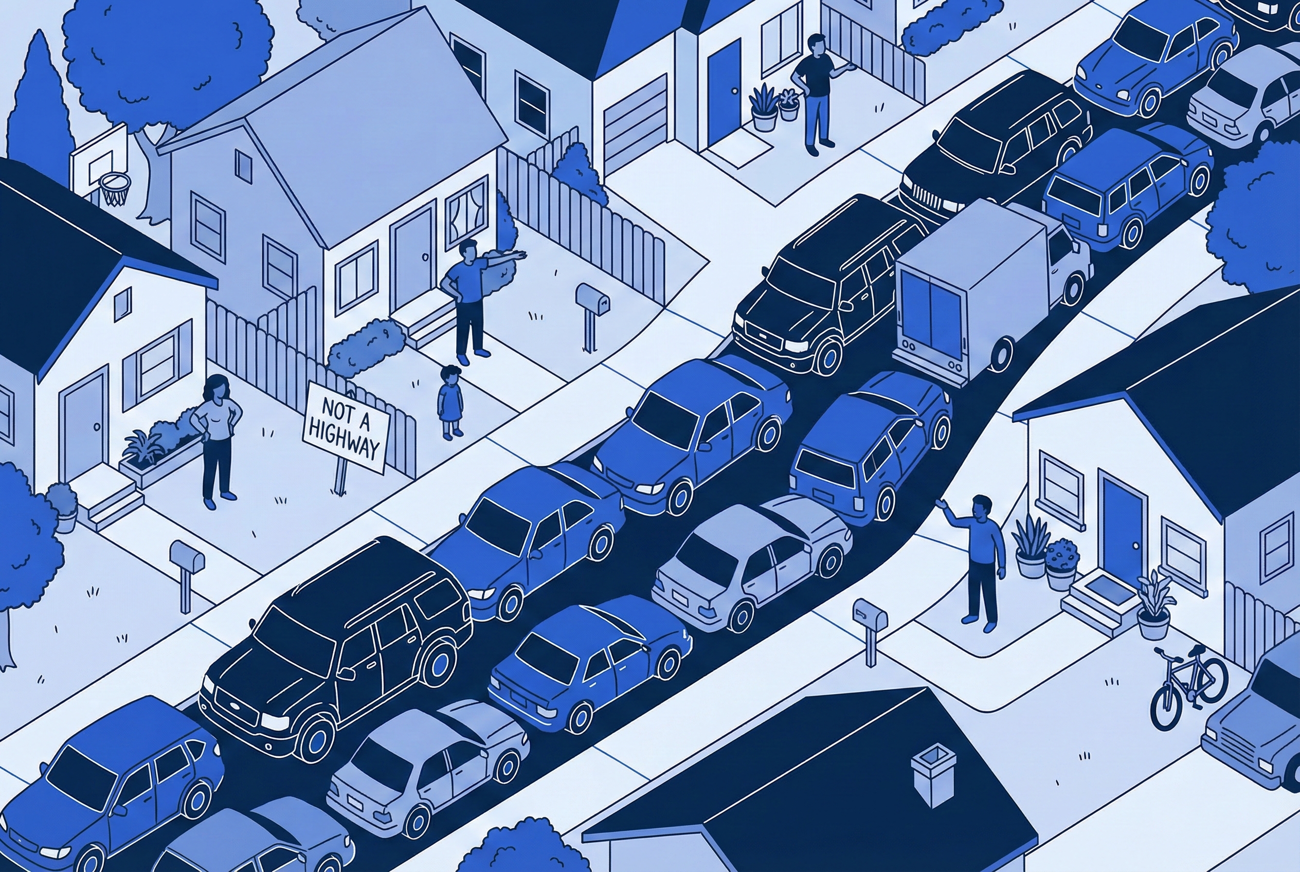 Isometric illustration of residential street overwhelmed with cars while residents watch, with 'Not a Highway' sign
